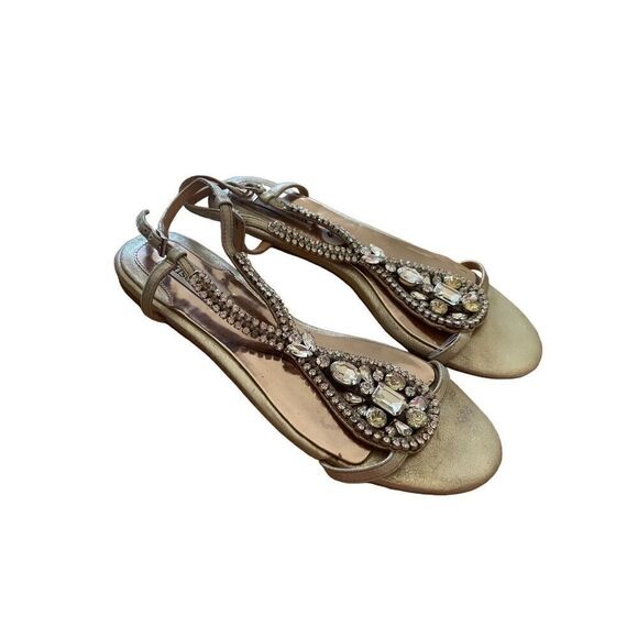 Badgley Mischka Womens Beige Embellished Leather Flat Jeweled Sandals Size 9M - Picture 7 of 8